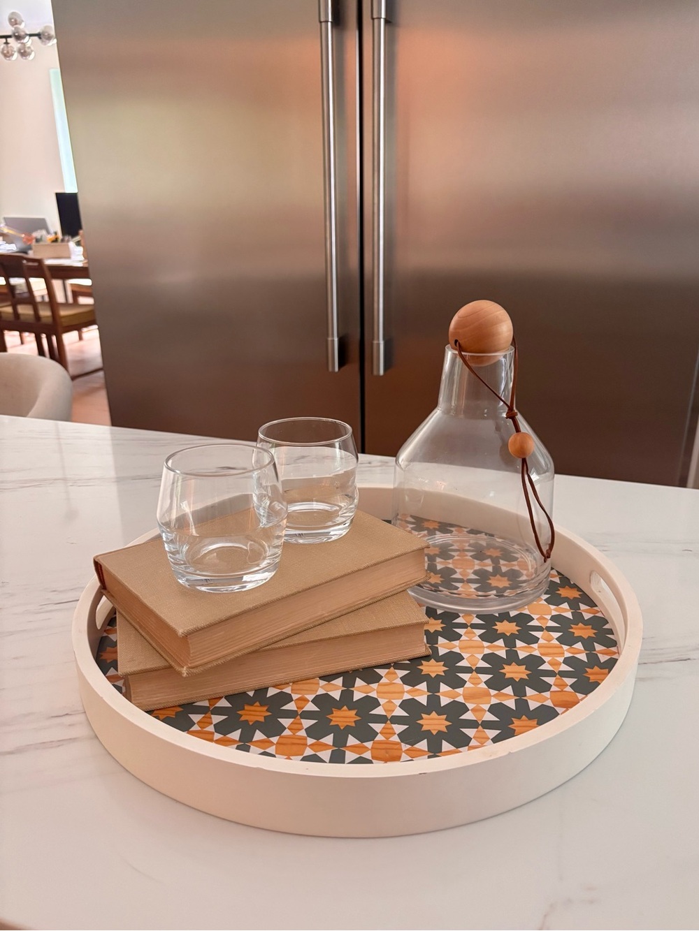 Threshold Round White Decorative Serving Tray with Patterned Inlay